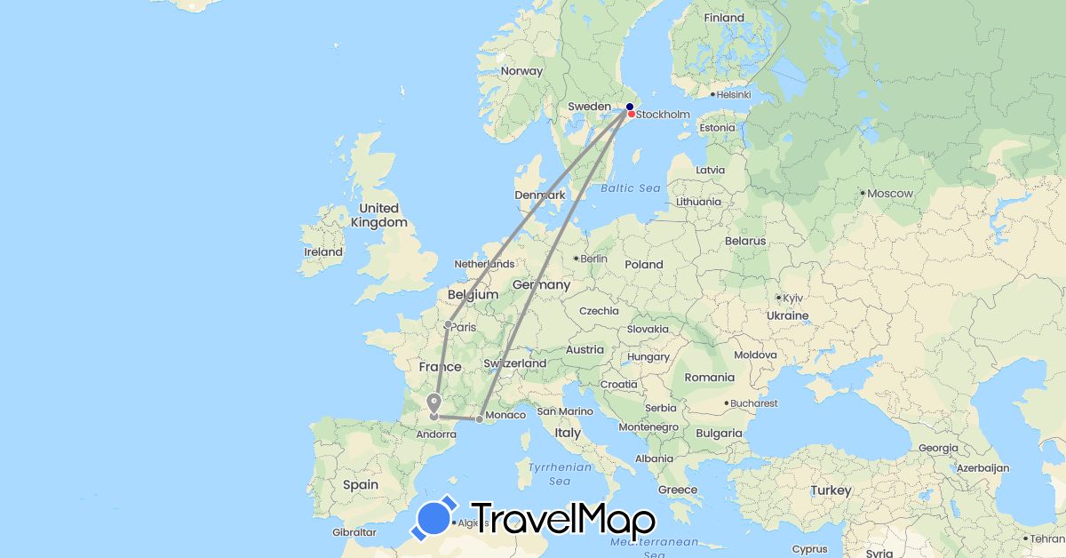 TravelMap itinerary: driving, plane, hiking, boat in France, Sweden (Europe)